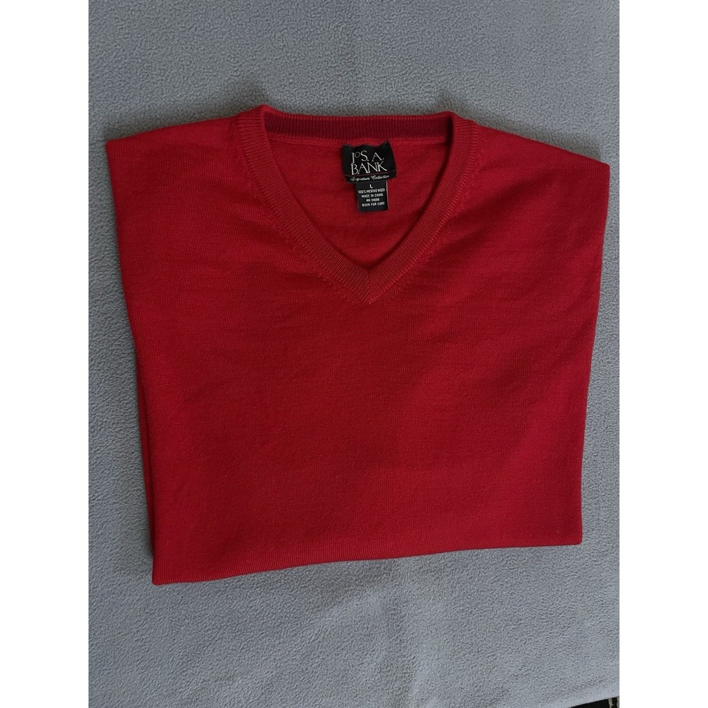 Jos A Bank Signature Collection Red Merino Wool V Neck Sweater Sz Lrg